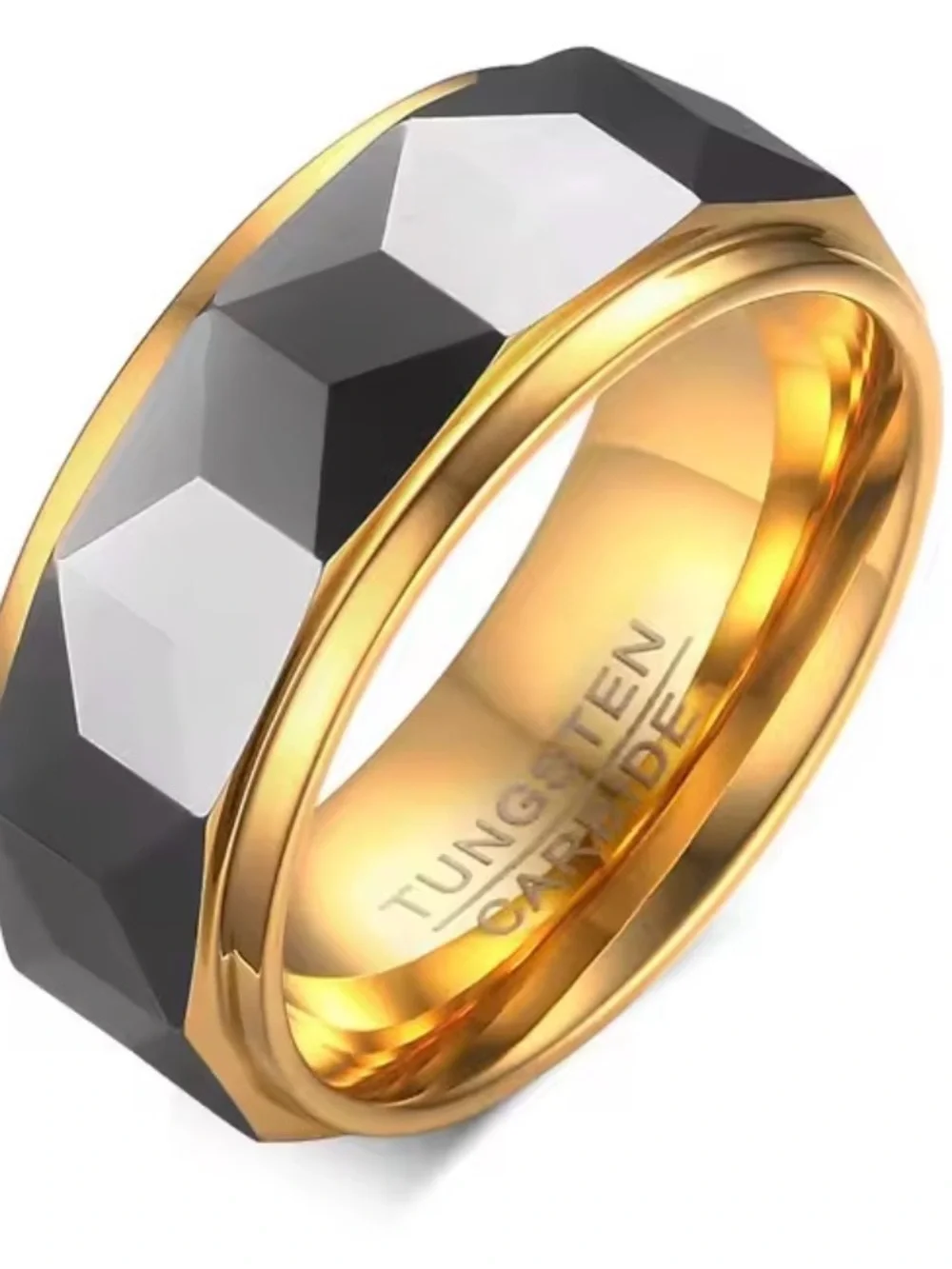 Wide Faceted Cut Geometric Tungsten Carbide Wedding Rings For Men